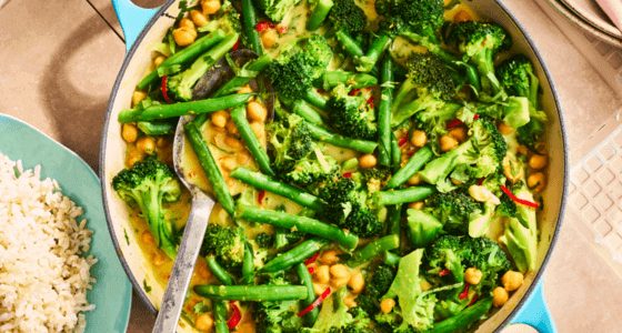 Good Food's chickpea, coconut and broccoli stew in a pan