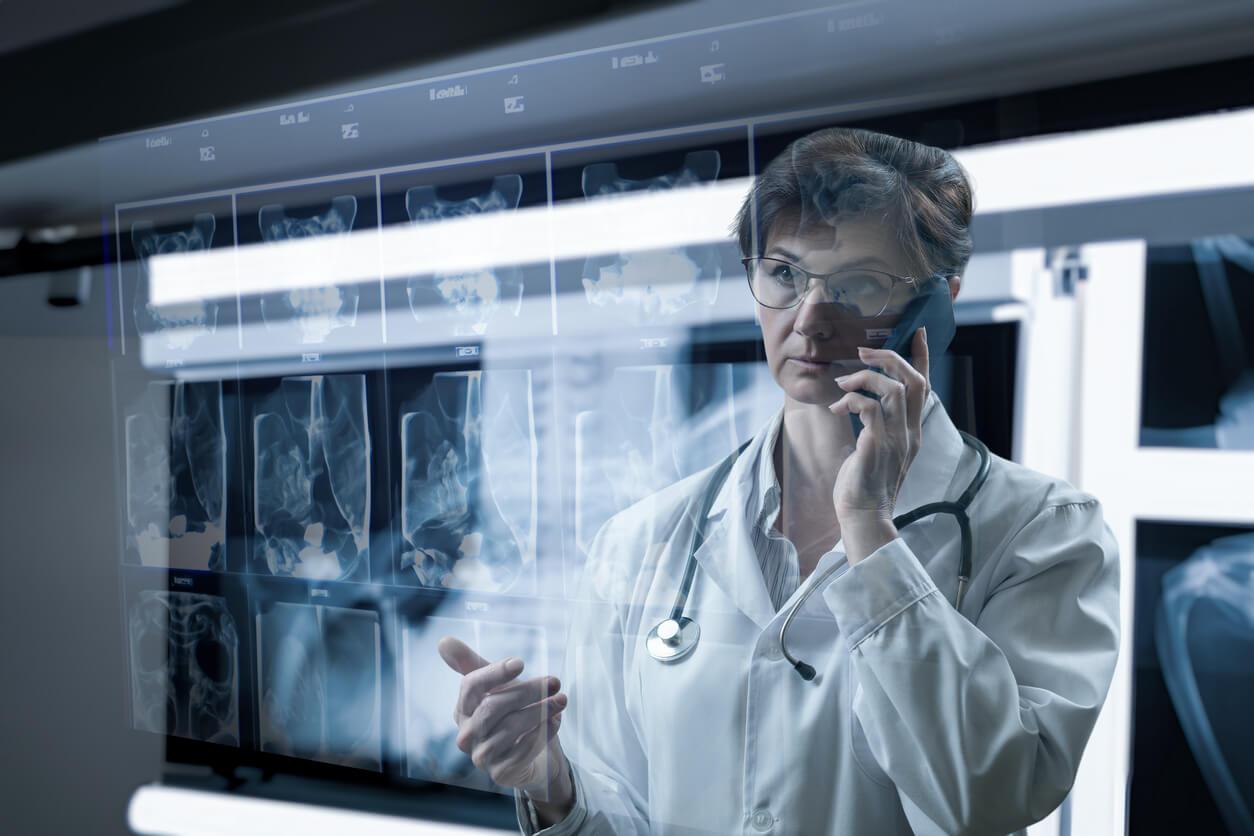 Doctor looking at test results on an AI screen