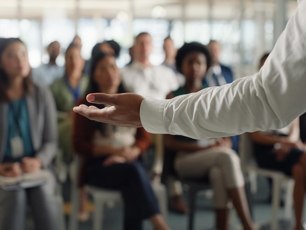 A speaker gives a talk to a crowd